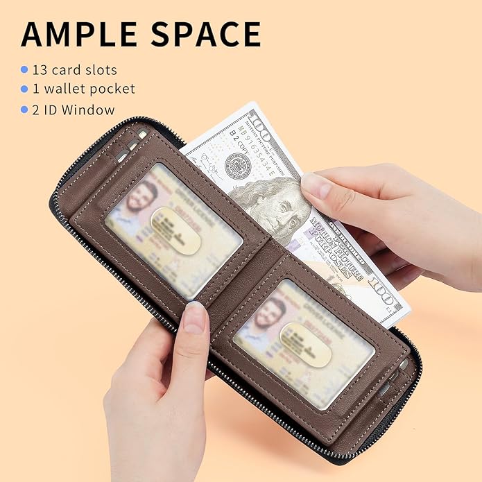 Men’s RFID Blocking Zipper Wallet with 2 ID Windows - Large Capacity Design, 13 Credit Card Slots