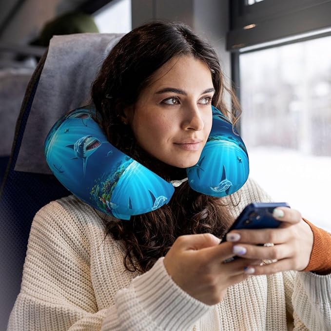 Neck Support Pillow, Comfortable Memory Foam Car/Flight/Airplane Chin Pillows U Shaped Cushion for Office Travel Sleeping Ocean Animals Sea Shark