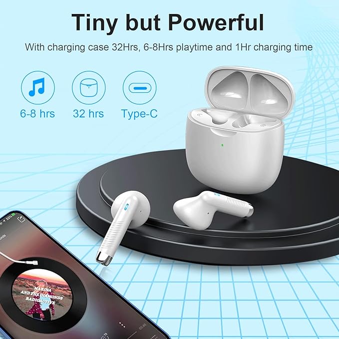 Wireless Earbuds, Bluetooth 5.4 Headphones In Ear with Noise Cancelling Mic, Bluetooth Earbuds Stereo Bass, IP7 Waterproof Sports Earphones, 32H Playtime USB C Charging White Ear Buds for Android iOS