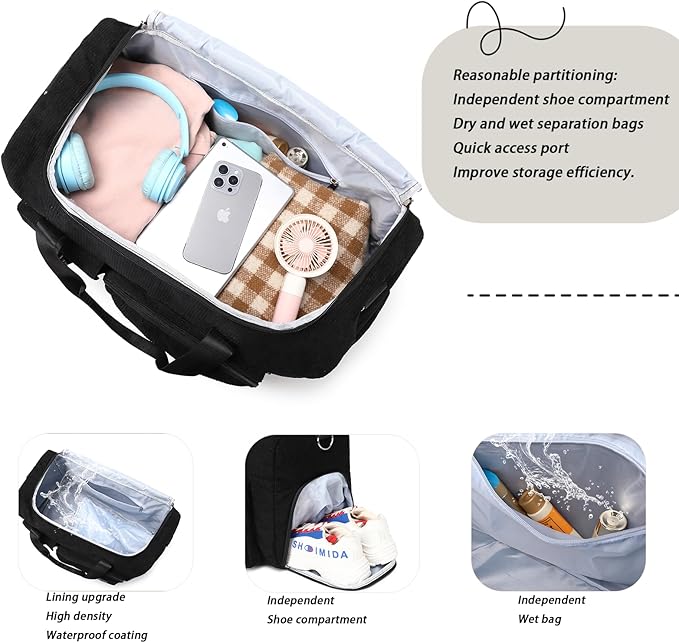 Girls Duffle Bag Woman Corduroy Travel Bag Kids Sports Duffel Bags With Shoe Compartment Wet Pocket (black)