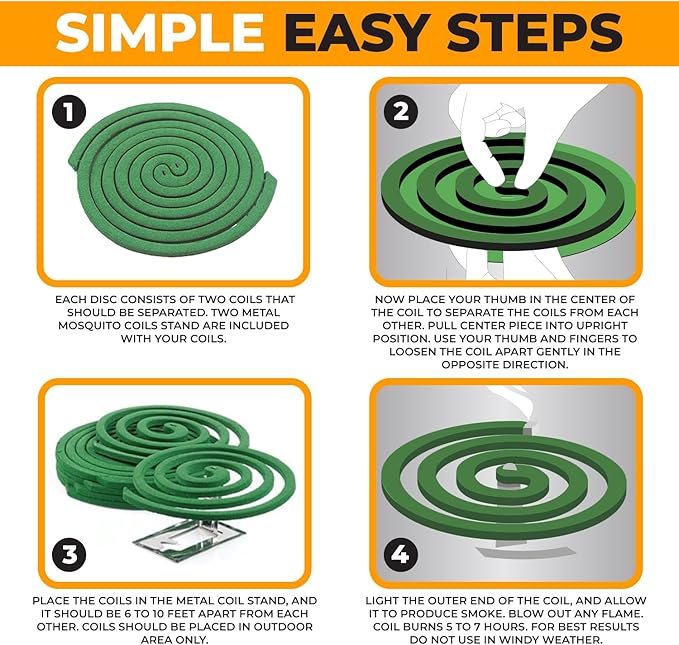 Mosquito Repellent Coils - Outdoor Use Reaches Up to 10 feet - Each Coil Burns for 5-7 Hours (16 coils & 8 Coil Stands)