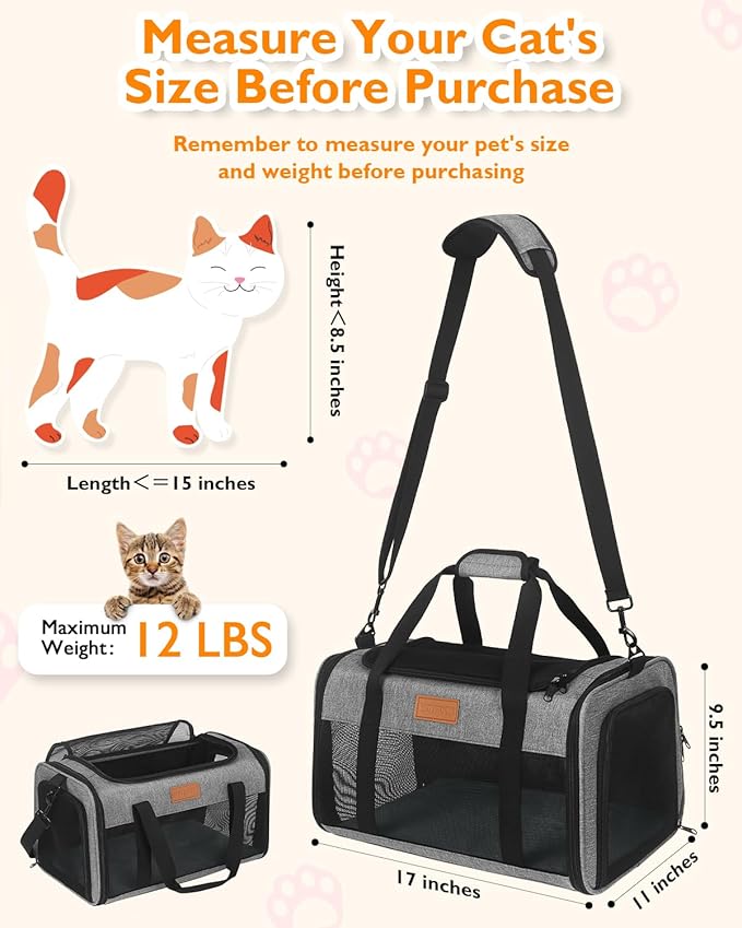 PETUX TSA Approved Pet Carrier in Cabin - 17"x11"x9.5", Underseat, Soft Sided Cat Carriers with Safety Zippers and Anti-Scratch Mesh for Small Cat up to 12 lb, Ideal for Travel and Vet Visit, Grey