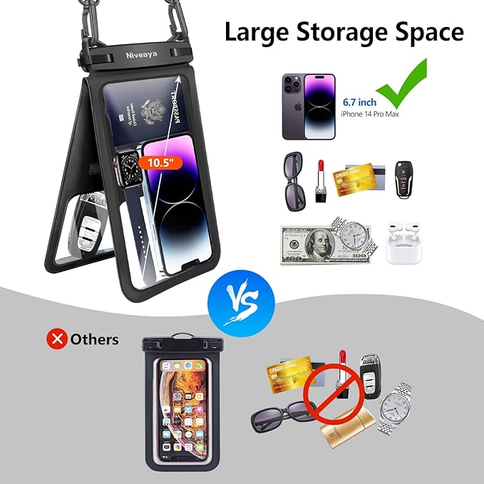 Niveaya [Up to 10.5"]Waterproof Phone Pouch - 2 Pack, Waterproof Phone Lanyard Case with iPhone 16/15/14/13/12 Pro Max up to 9.5", Phone Dry Bags for Vacation Beach Pool Kayak Cruise Travel Essentials