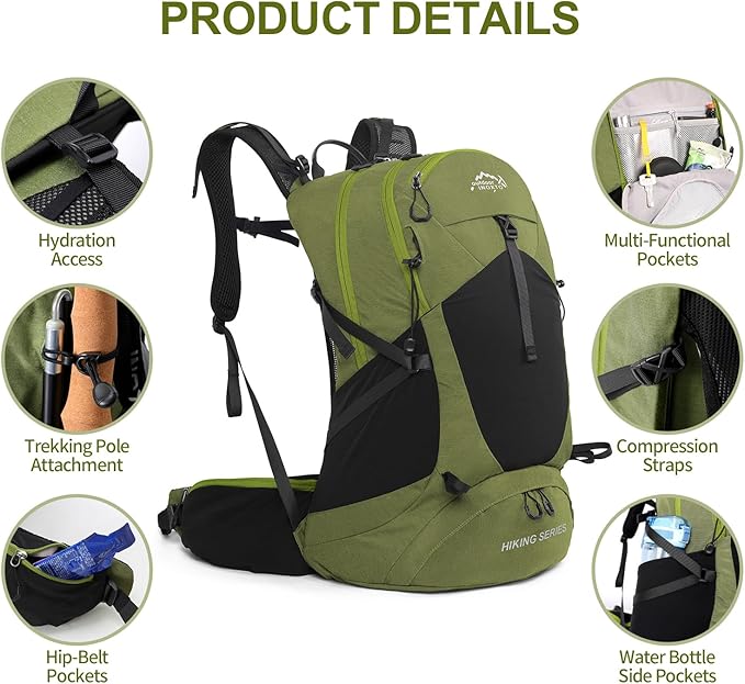 Hiking Backpack, Waterproof Hiking Daypack with 3L Water Bladder and Rain Cover, Lightweight Travel Camping Backpack for Men Women (Dark Green)