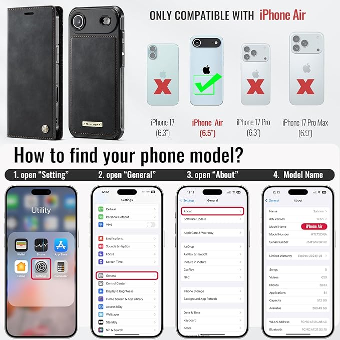 PlusnapX Wallet Case for iPhone Air Compatible with Magsafe, 2-in-1 PU Leather Flip RFID Blocking Card Holder Stand ShockAirof Magnetic Detachable Cover for iPhone 17 Air Case 6.5", Black