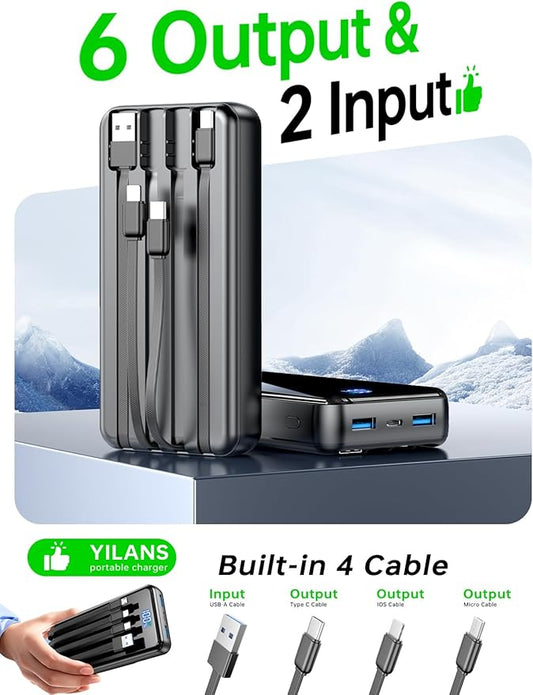 Portable Charger,50000mAh Power Bank Built-in Cable, 22.5W PD USB C in & Out Fast Charging, External Battery Pack with 6 Output & 2 Input, Travel Essential for iPhone 17/16/15/14/13/12-Grey
