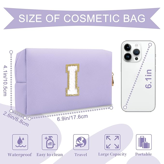Personalized Makeup Bag Initial A-Z Preppy Patch Bag,Small PU Leather Travel Cosmetic Bag Pouch with Zipper,Purple Cute Toiletry Bag,Gift Ideal for Teen Girls Women Birthday Friend Mom,Latter I