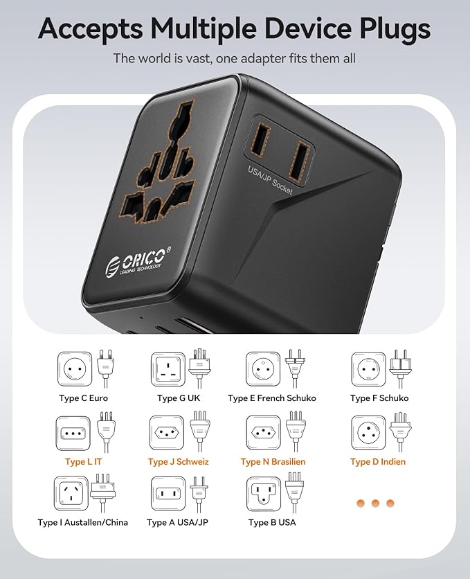 ORICO Universal Travel Adapter with 2 AC 2 USB-C and 1 USB-A Socket, PD 20W International Power Adapter, Worldwide Travel Essentials Wall Charger for USA EU UK AUS JP and Over 200 Countries