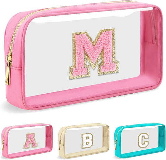 Personalized Initial Letter Clear Makeup Bag,Preppy Small Nylon&PVC Cosmetic Zipper Bag with Chenille Letter,Portable Beach Travel Skincare Toiletry Bag,Trendy Monogram Gift for Teen Girls Women,M