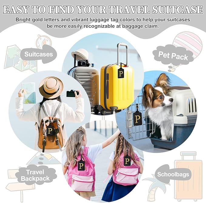 Personalized Initial Luggage Tags for Suitcase TSA Approved, Black Leather Cute Luggage Tag with Privacy Cover Name Card, Embroidered Custom Luggage Tags Travel Backpack Tags Gifts for Women Kids(P)