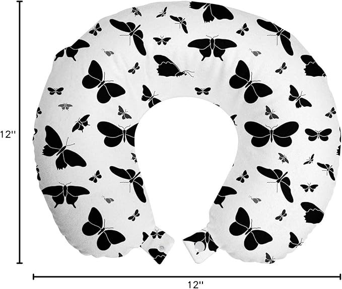 Ambesonne Butterfly Travel Pillow Neck Rest, Abstract Monochrome Bug Design Ornamental Illustration Moths and Butterflies, Memory Foam Traveling Accessory for Airplane and Car, 12", White