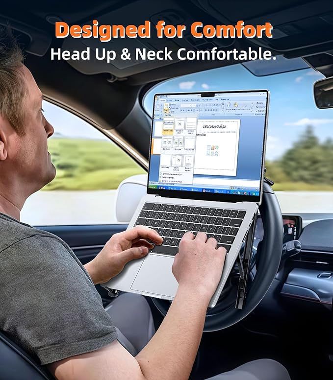 DICMKY Car Laptop Mount Steering Wheel Tray Holder, Height Adjustable Car Desk for Laptop Computer Tablet, Foldable Portable Lap Laptop Stand for Car Vehicle Workstation Accessories Truck SUV Tesla