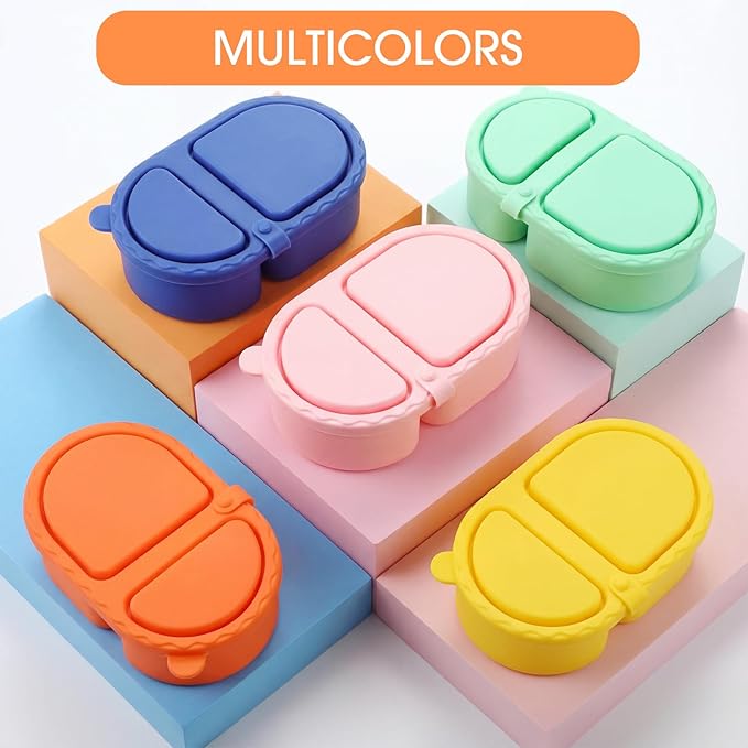 Yiyiring 5 Pcs Reusable Silicone Snack Containers with Lids 2 Compartment Leakproof Food Storage Containers 8 oz Small Portable Bento Boxes for School Office Picnic Travel Daycare