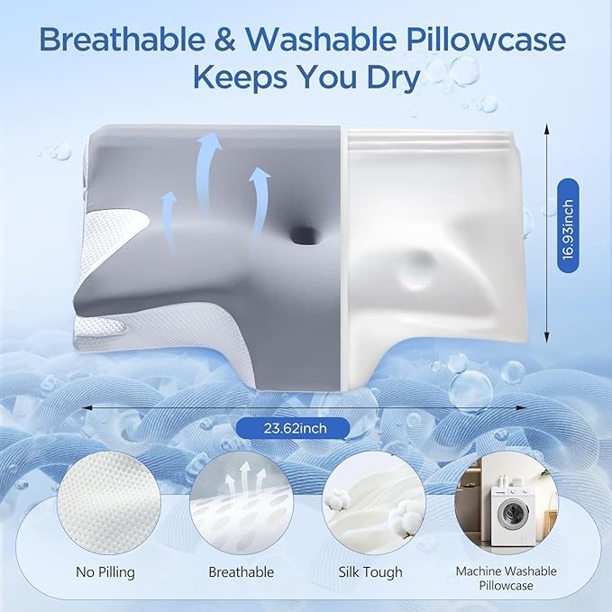 Effective Pain Relief Cervical Neck Pillow for Sleeping, Memory Foam Pillows for Neck Support, Odorless Contour Side Pillow, Ergonomic Bed Pillow for Back Stomach Sleeper (Grey and White)