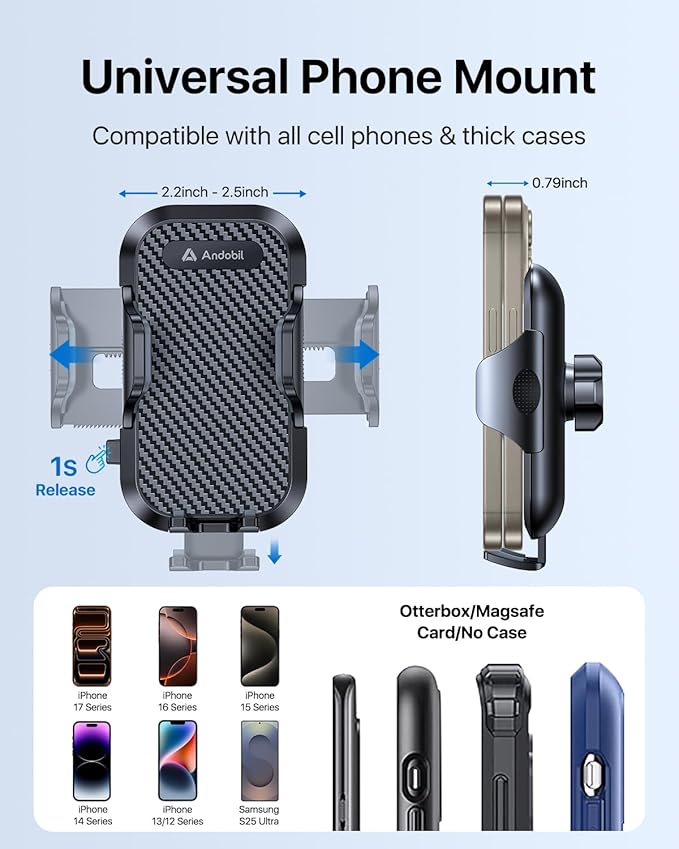 andobil Car Phone Holder, 2026 Military-Grade 89lbs Strongest Suction Phone Holders for Your Car Dashboard/Windshield/Vent Easy Clamp Car Phone Mount Stand for iPhone 17 16 15 14 13 Pro Max Samsung