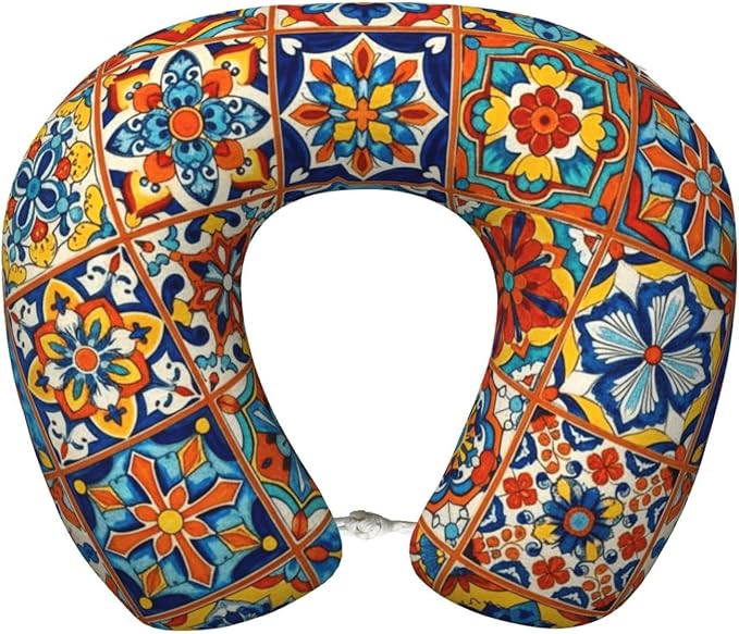 Neck Pillow Memory Foam Chin Cushion with Breathable Cover Talavera Mexican Tiles, Cute Airplane Car Pillows for Office Head Pain Relief
