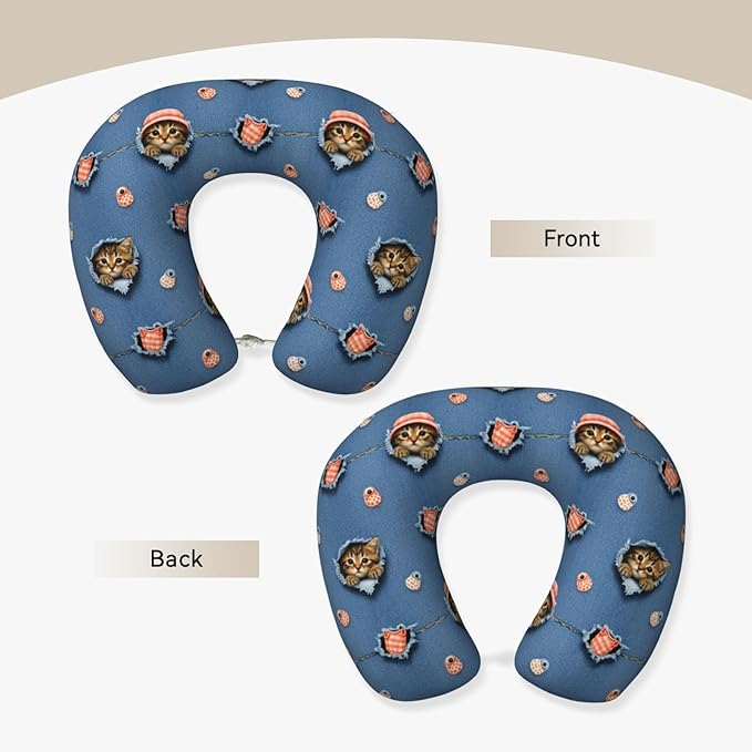 Travel Neck Pillow for Pain Relief Sleeping, Cute Cat Patterns Printed, Comfortable Memory Foam Chin Head Cushion Support with Zip Cover, Fashion Car Flight Pillows