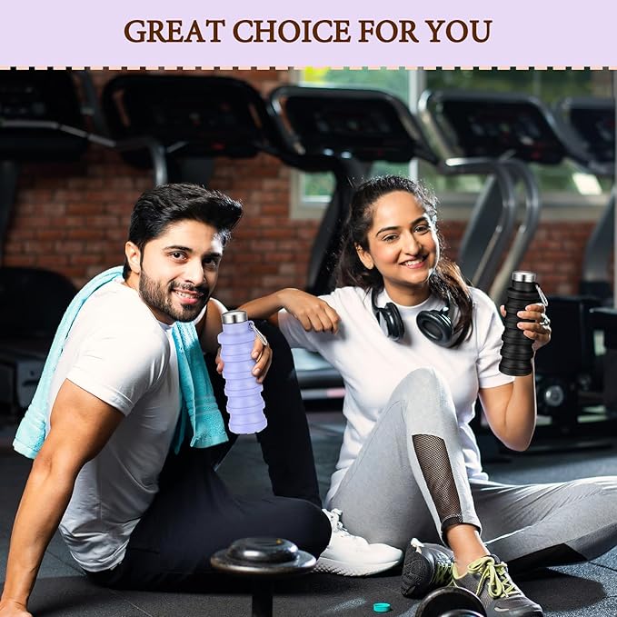 Baderke 2 Pcs Collapsible Water Bottles 17oz Silicone Travel Foldable Portable Water Bottle with Buckle Silicone Lightweight Reusable Leakproof for Camping Hiking Cycling Sport(Purple, Black)