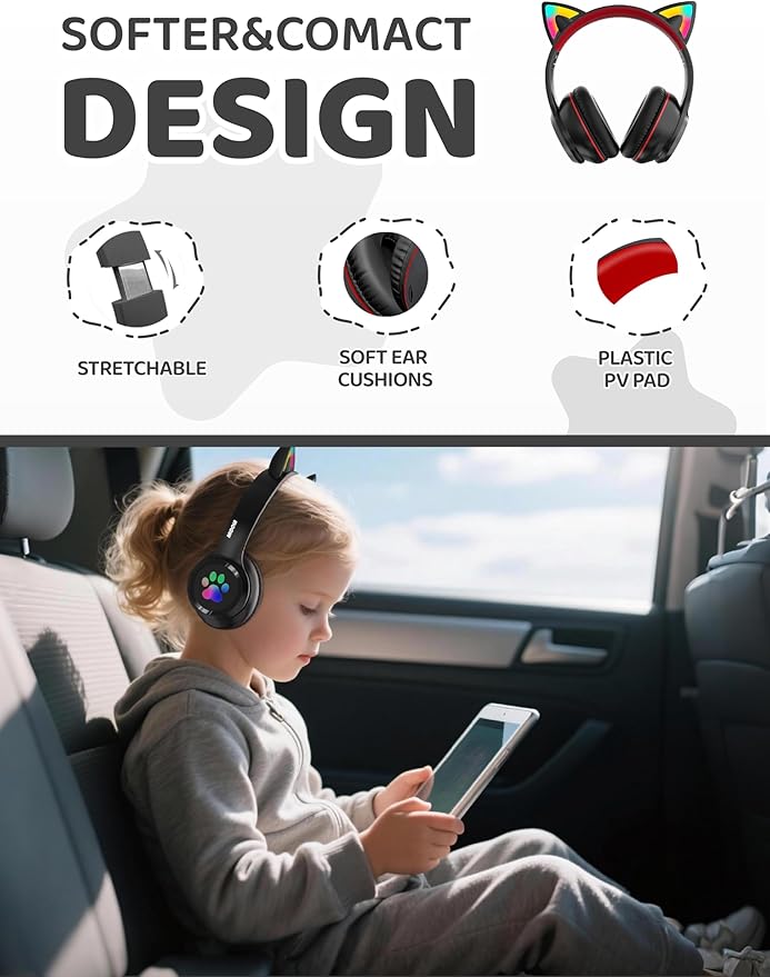 MIDOLA Kids Headphones Cat Ear Wireless Bluetooth 5.3 60H Over Ear, 8H with Led Light Foldable Headset with Aux 3.5mm Mic for Travel Pad Tablet Black