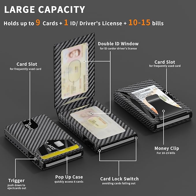 KISUEDZP Wallet for Men Slim RFID Blocking -Metal Smart Pop-Up Credit Card Holder with 2 ID Windows, Holds 8-10 Cards,Bifold Minimalist Front Pocket Wallet & Money Clip,Men's accessories(Carbon)