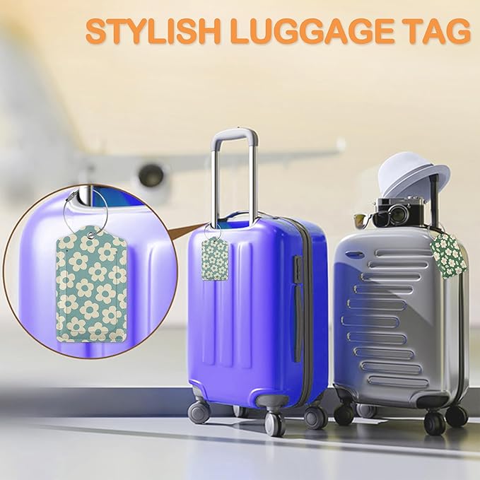 Vintage Cream Daisy 3 Pack PU Leahter Luggage Tag with Stainless Steel Loop, Pastel Pink Floral Checkerboard Travel Suitcase Labels with Privacy Cover ID Label Quickly Spot for Bags