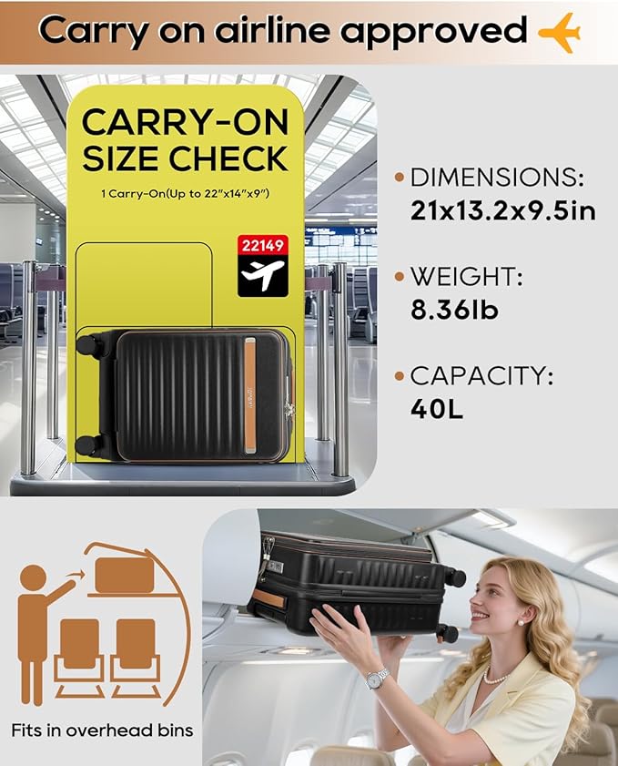 Joyway Carry on Luggage Airline Approved with Front Compartment and Cup Holder, 20 Inch Hard Shell Carry-on Suitcase with Spinner Wheels and TSA Lock for Women Men (Black, 20 Inch)