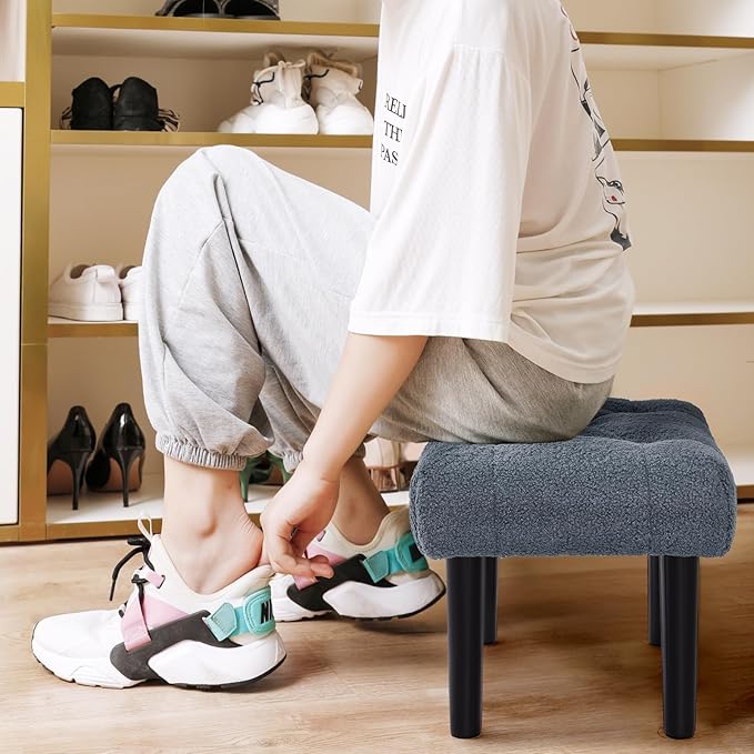 HOUCHICS Fur Padded Foot Stool, Small Ottoman Rest with Wooden Legs, Modern Rectangle Chair Rest for Living Room, Couch, Desk (Grey)