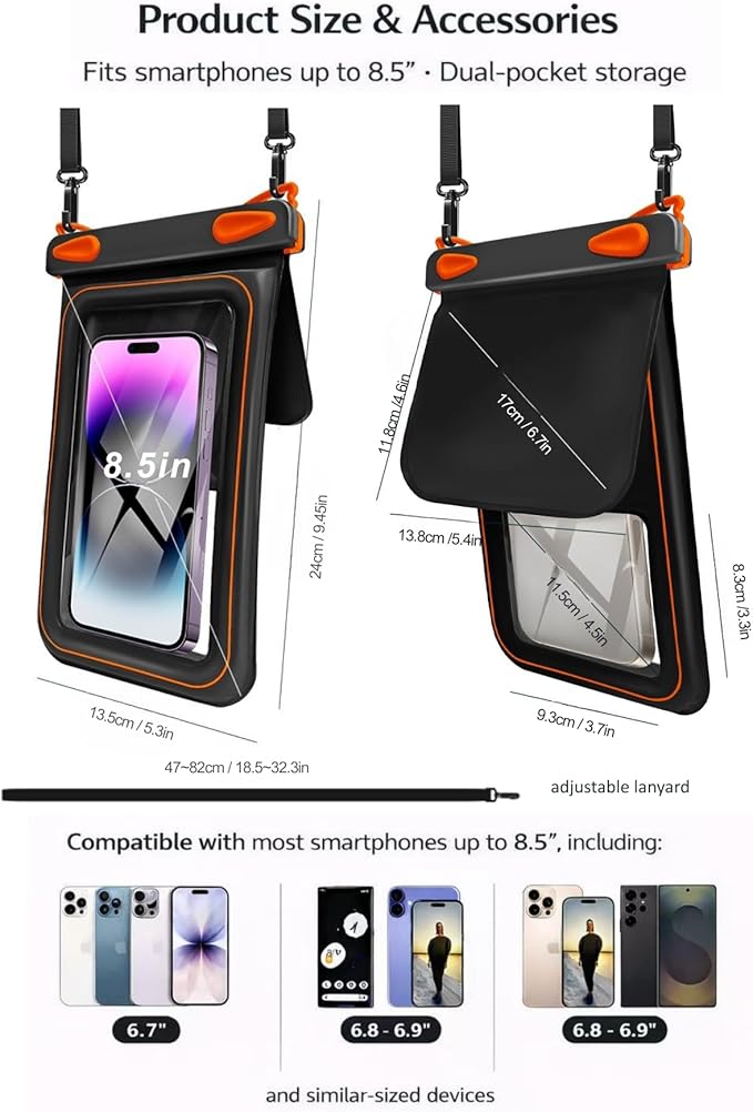 2 Pack Floating Phone Pouch with Dual Compartments, IPX8 Rated Waterproof Case for Rain, Beach, Boating & Kayaking, Clear Touch Screen, Fits Phones Up to 8.5”(Black-Black)