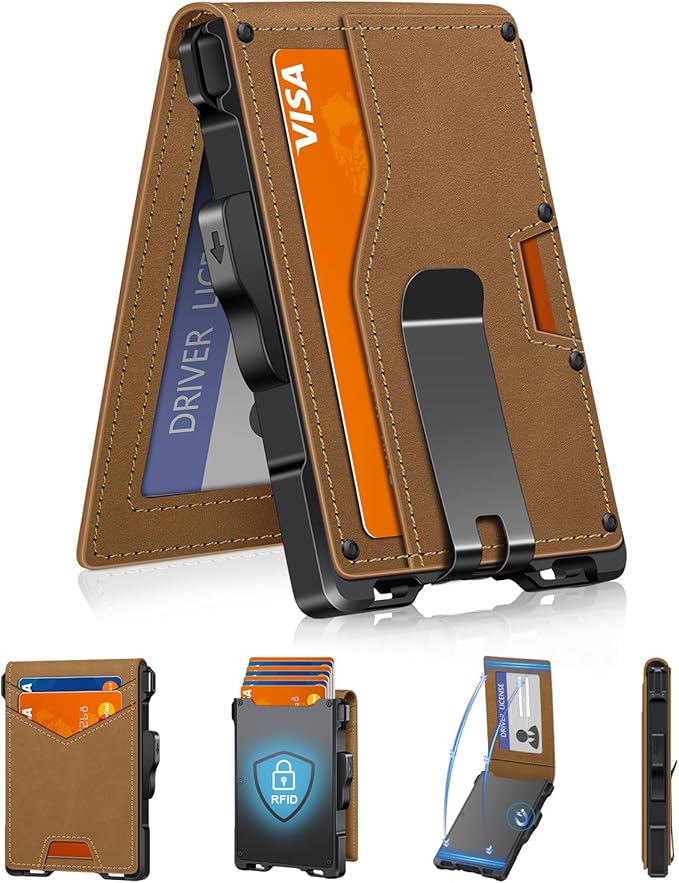 Wallet for Men, Minimalist Slim Mens Wallet with Money Clip, RFID Blocking Smart Pop Up Card Wallet with ID Window, Compact Bifold Wallet,Metal Aluminum Credit Card Holder