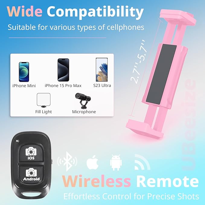 UBeesize 88’’ Flexible Phone Tripod with 14.95’’ Gooseneck, Remote and Phone Holder, Overhead Cell Phone Stand＆Selfie Stick for Video Recording, Compatible with iPhone Android Phone, Camera Pink