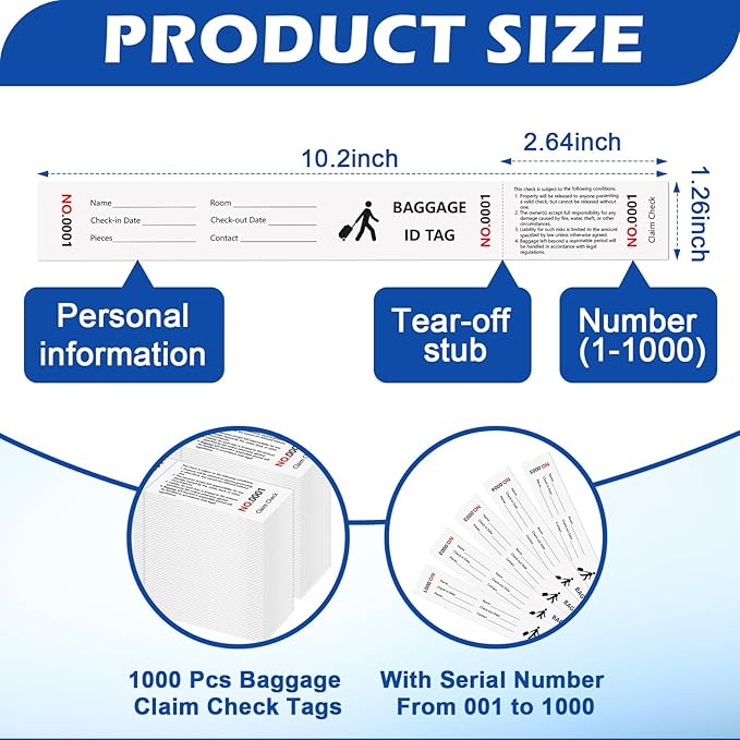 1000 Pcs Paper Hotel Luggage ID Tags with Transfer Tape On Back Luggage Tags Bulk Black Baggage Claim Check Tags Serial Numbering Claim Ticket Baggage Identification for Suitcase Motel Bag Storage