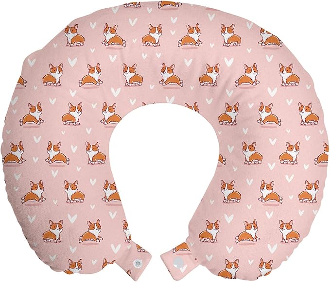 Ambesonne Dog Lover Travel Pillow Neck Rest, Little Corgi Jumping Running and Standing Cartoon Hearts Background, Memory Foam Traveling Accessory for Airplane and Car, 12", Coral Orange White
