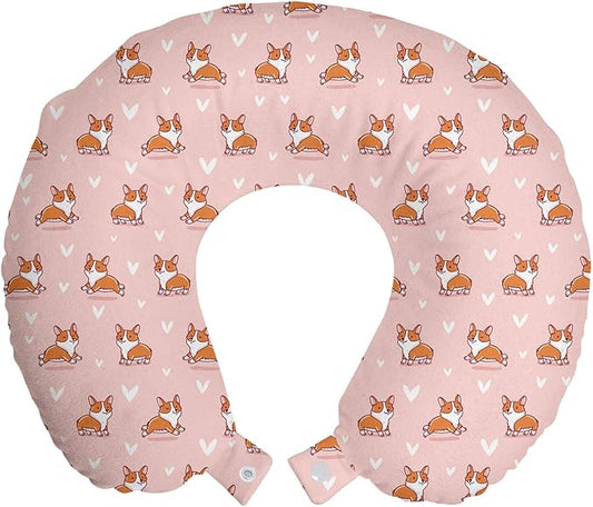 Ambesonne Dog Lover Travel Pillow Neck Rest, Little Corgi Jumping Running and Standing Cartoon Hearts Background, Memory Foam Traveling Accessory for Airplane and Car, 12", Coral Orange White