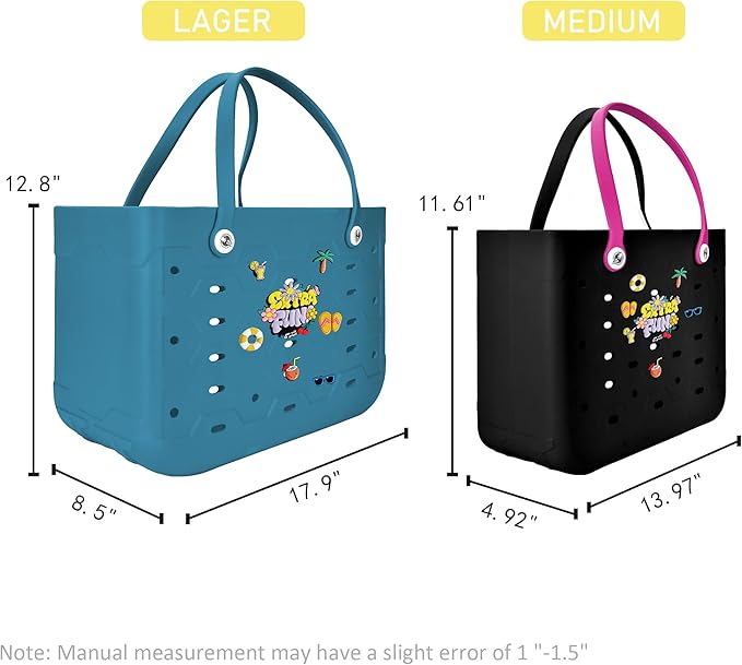 2-Piece Tote Bag Set, Waterproof Rubber Beach Bag with Summer Pattern, Medium & Large Handbag for Pool, Beach, Boat