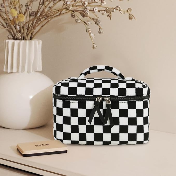 Prite Corduroy Large Travel Quilted Makeup Bag for Women Floral Cotton Cosmetic Bag Coquette Aesthetic Floral Toiletry Organizer Bag(Dark Checkerboard)