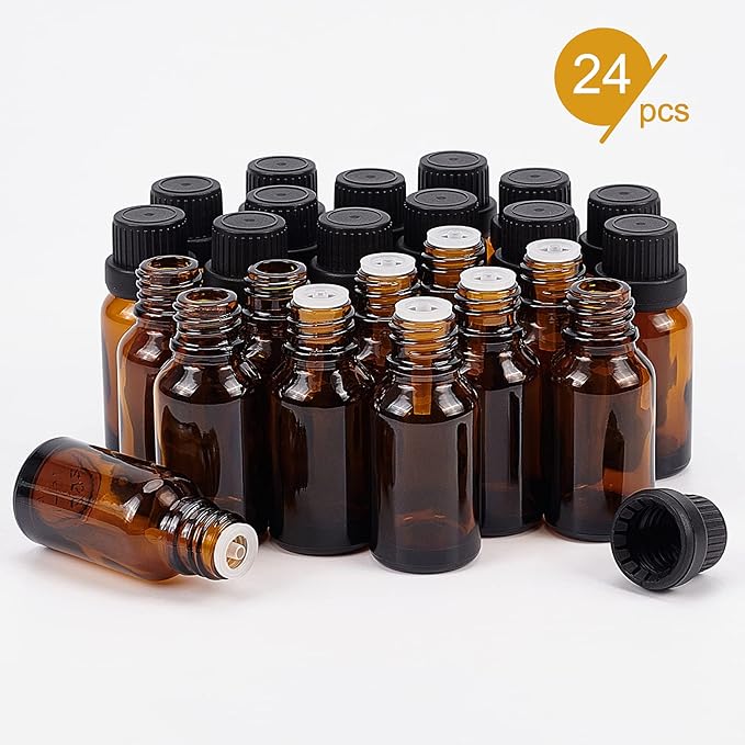 BENECREAT 24 Pack 15ml Brown Glass Essential Oil Bottles Refillable Container Kits with Plastic Droppers, Funnel Hoppers and Sticker for Aromatherapy Fragrance Cosmetic Oil