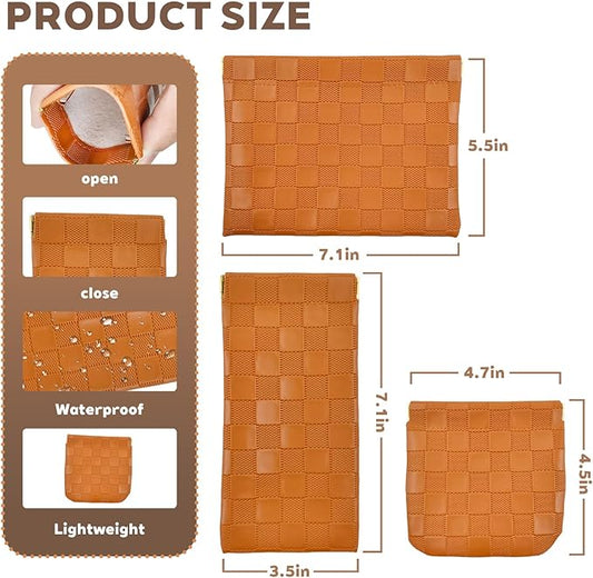 3PCS Small Makeup Bag for Women, Mini Cosmetic Bags Leather Pocket Pouch Purse,Snap Closure Waterproof Portable Bag,Checkered Storage Travel Bag for Lipstick Change Glasses Coin Cards (Brown)