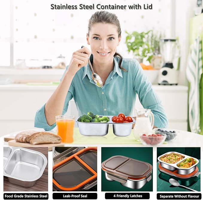 Ahongwenxi Stainless Steel Snack Box Containers, Reusable 2 Compartment Condiment Box with Lids, Food Container Sauce Cups, Divided Food Storage Containers for Home and Travel (Black)
