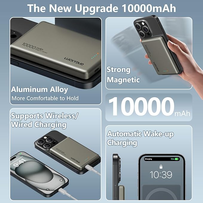 LUCKYDUO Ultra Slim 10000mAh for Magnetic Portable Charger,0.47IN Thin Wireless Magnetic Power Bank, Compact Battery Pack with PD 20W Two Way USB-C Charging,Compatible with iPhone 16/15/14/13 Series