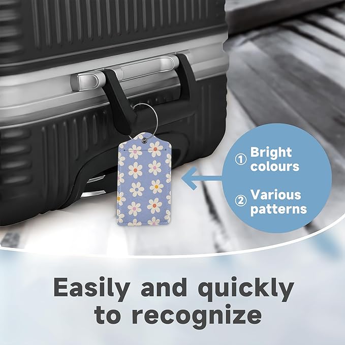 2 Pack Luggage Tag for Suitcase, Groovy Daisy Flowers Leather Bag Tags Identifiers Privacy Cover ID Label with Durable Steel Loop for Women Men Kids Girls Travel