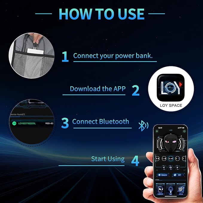 Motorcycle Backpack with LED Eyes, DIY Laptop Backpack for Riding, Cycling, Travel, Waterproof Hard Case Motorbike Bag, Large Size 19" Classic Black