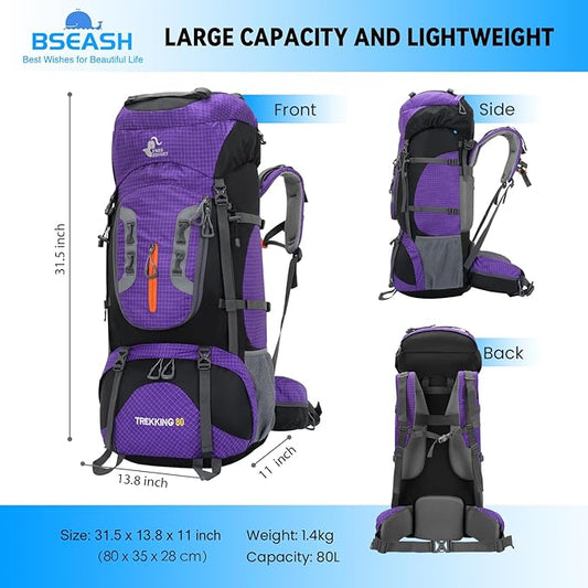 Bseash 80L Waterproof Hiking Camping Backpack with Rain Cover, Lightweight Outdoor Sport Travel Daypack for Climbing Touring (Purple)
