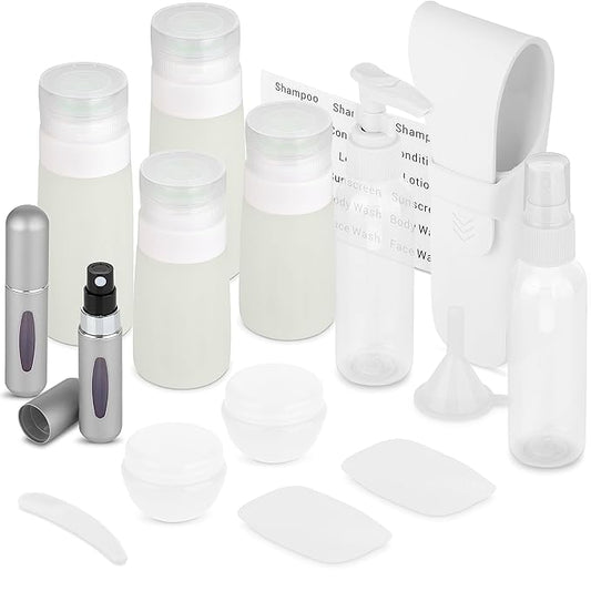 Travel Size Toiletry Bottles, Kit of 16 - TSA Approved Toiletries Essentials for Flying - Silicone Containers, Squeeze Bottles and Accessories for Shampoo, Conditioner, Liquids, Perfume, White