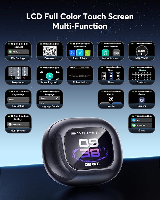 AI Language Translation Earbuds, Bluetooth 5.4 Headphones Translator for 144 Languages & Accents, OWS LCD Touch Screen Real-Time Earphones Fit iOS and Android Ideal for Travel Business Learning