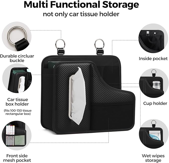 Car Tissue Holder,Back Seat Organizer with Cup Holder,Multifunctional Car Headrest Seat Back Storage,Snack Organizers for Kids,Large Tissue Box Cover Fit for 100-130 Regular Size Tissues