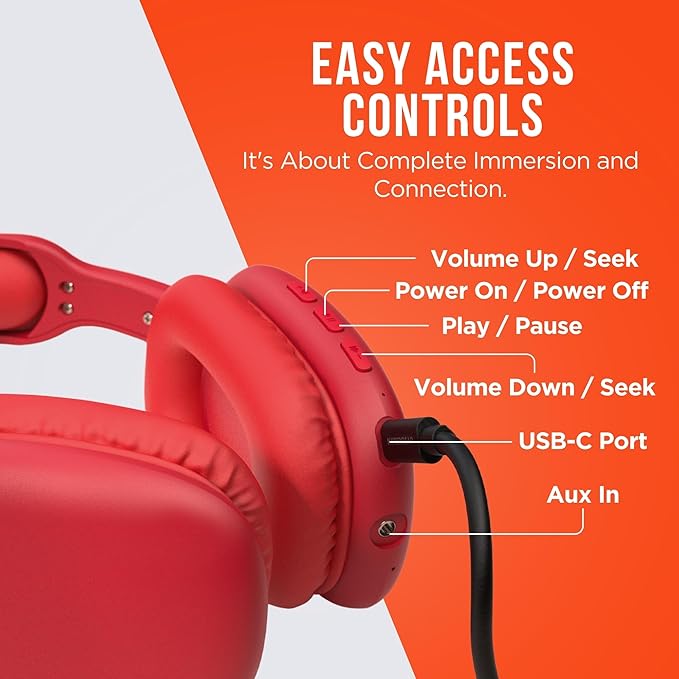 HyperGear Wireless Headphones Bluetooth Red- Noise Isolation Headphones Wireless Over The Ear Head Phones, Gym Headset Built-in Mic Controls Square Foam Cups Foldable Headphone for Women and Men