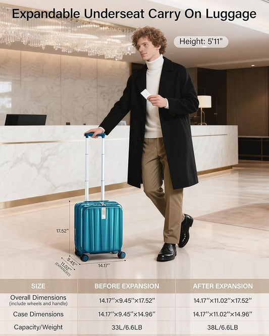 Hanke 16 Inch Expandable Under Seat Luggage with Wheels Top Opening Small Suitcase with Wheels Carry On Luggage Airline Approved Lightweight Hard Shell Suitcases for Weekender Overnight-Caribbean Blue