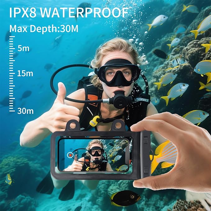 XL Waterproof Phone Pouch iPhone &Shower Phone Holder Waterproof with 2 Suction Cups,Water Phone Protector Pouch with Adjustable Lanyard,Floating Phone Case for iPhone 16 15 14 ProMax (Black)