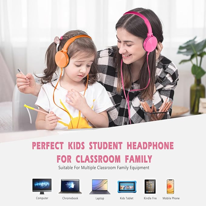 Kids Headphones 2 Pack for School Classroom K-12, Durable Wired Student Computer Online Learning Headset for Laptop Library Airplane and Travel (Pink+Orange)