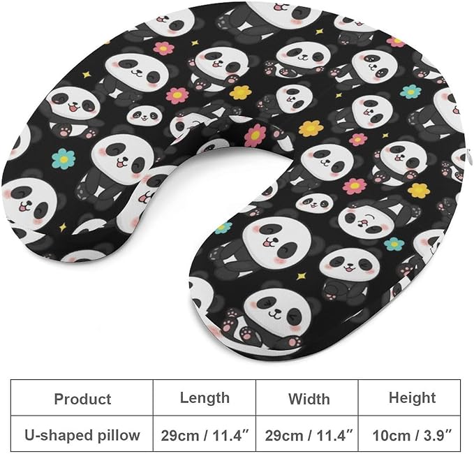 Youth Travel Neck Pillow Soft Memory Foam Chin Support Cute Cartoon Panda Art, Washable Cover for Boys Girls Airplane Car School Rest